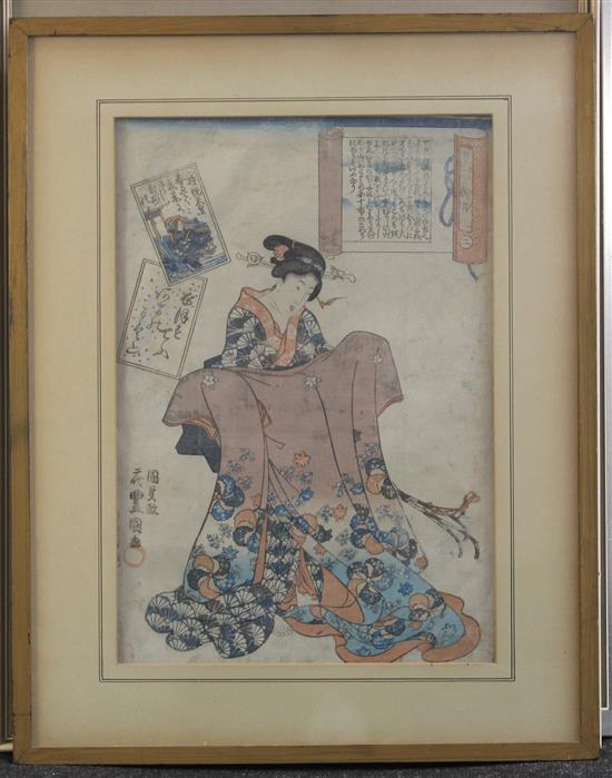 Kunisada / Toyokuni Woman with kimono, Courtesans on a terrace and actors, largest 14 x 9.5in.